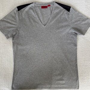 Hugo Boss Gray V-Neck Tee with Black Shoulder Accents